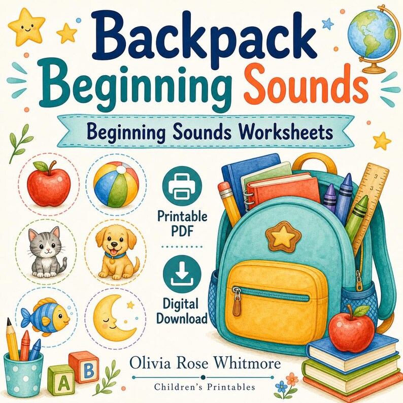 Backpack Beginning Sounds | Beginning Sounds Worksheets | Printable PDF | Digital Download image 1