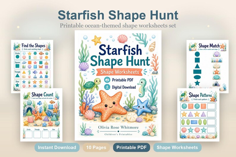 Caça às Estrelas-do-Mar | Folhas de Atividades com Formas | PDF para Imprimir | Download Digital imagem 2