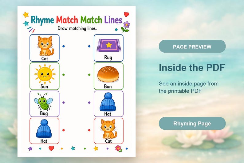 Rhyme Picture Match | Rhyming Worksheets | Printable PDF | Digital Download image 10