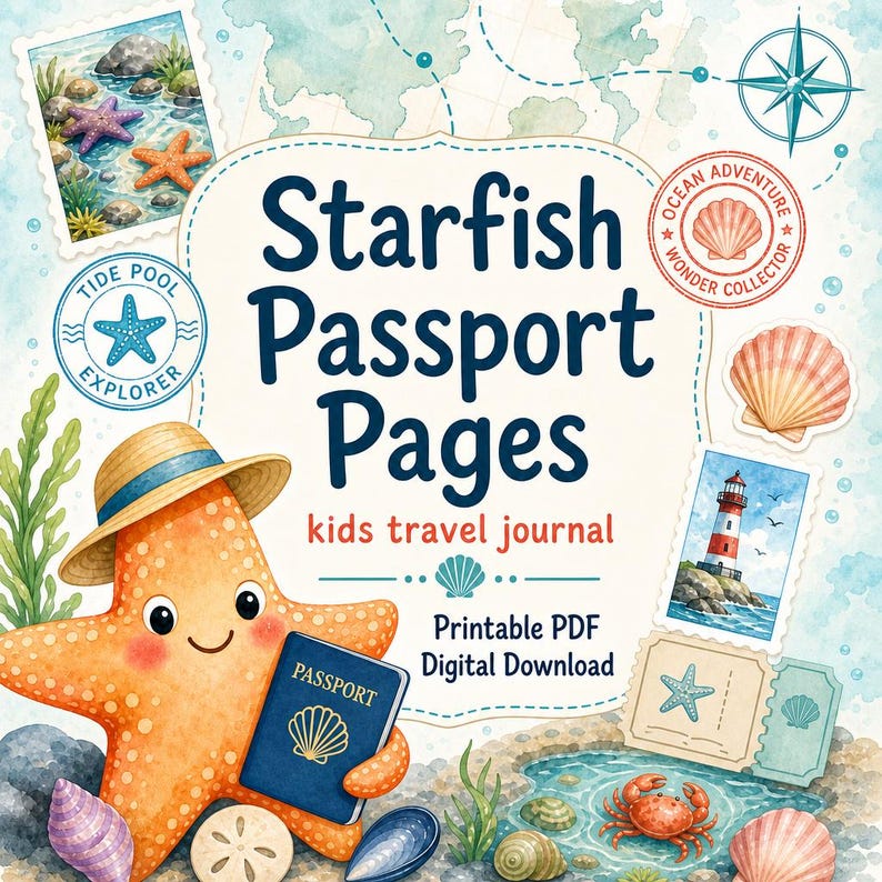Starfish Passport Pages | kids travel journal | Printable PDF | Digital Download image 1