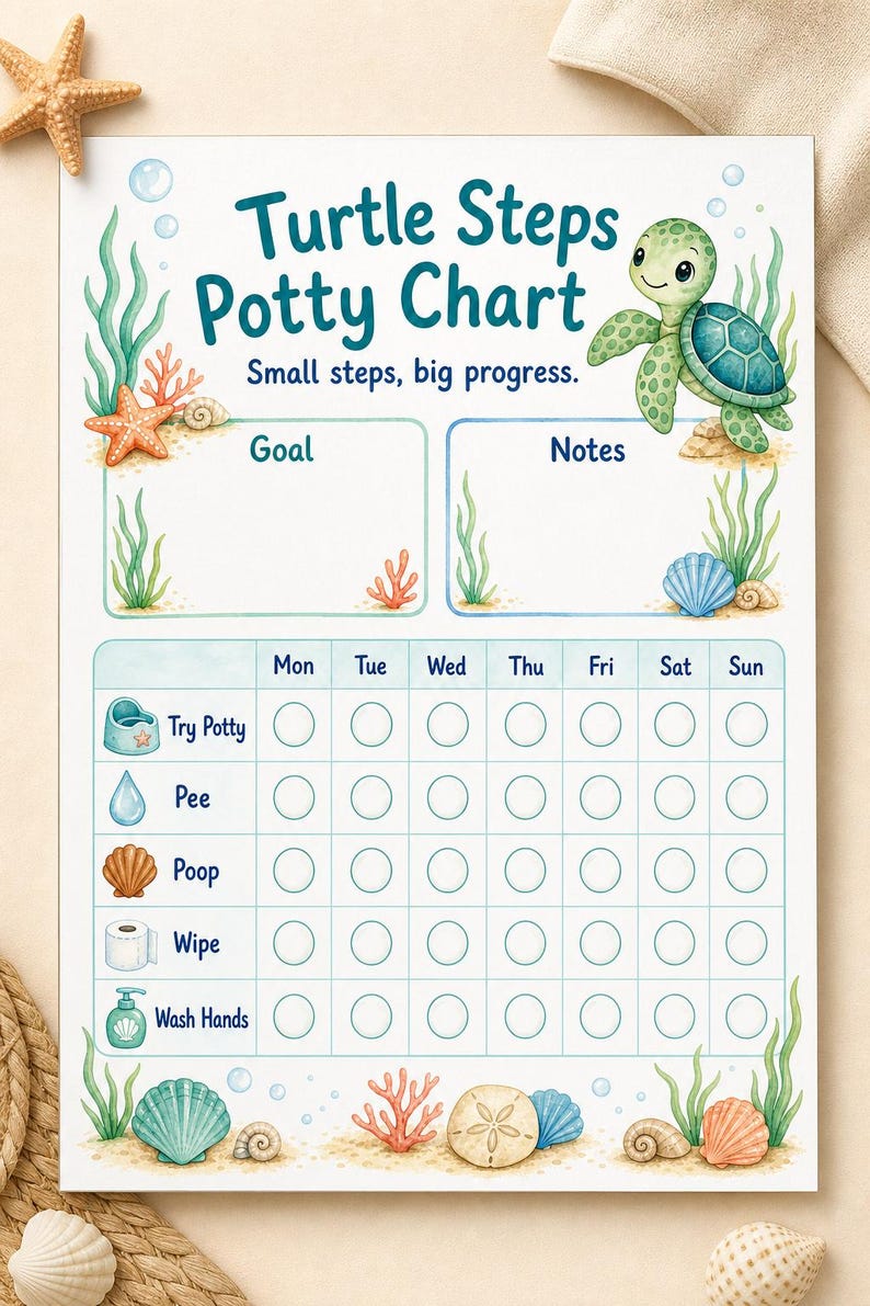 Turtle Tiny Steps | Tabela nauki korzystania z nocnika | Do druku w formacie PDF | Pobierz cyfrowo zdjęcie 5