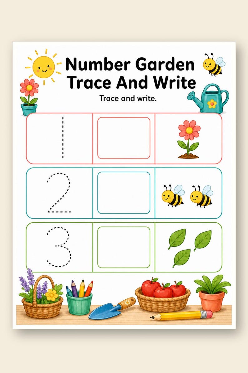 Sunny Number Garden | Preschool Math Worksheets | Printable PDF | Digital Download image 9