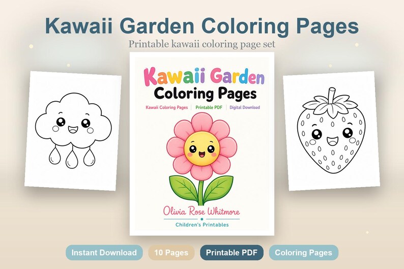 Disegni da colorare di un giardino kawaii / Disegni da colorare kawaii / PDF stampabile / Download digitale immagine 2
