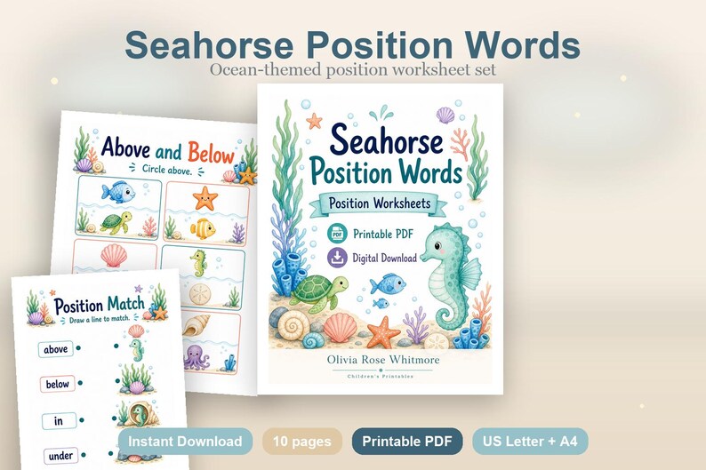Seahorse Position Words | Position Worksheets | Printable PDF | Digital Download image 2