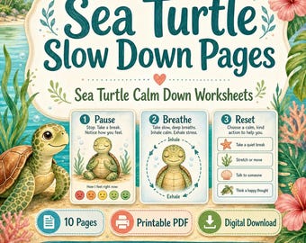 Sea Turtle Slow Down Pages | Sea Turtle Calm Down Worksheets | Printable PDF | Digital Download