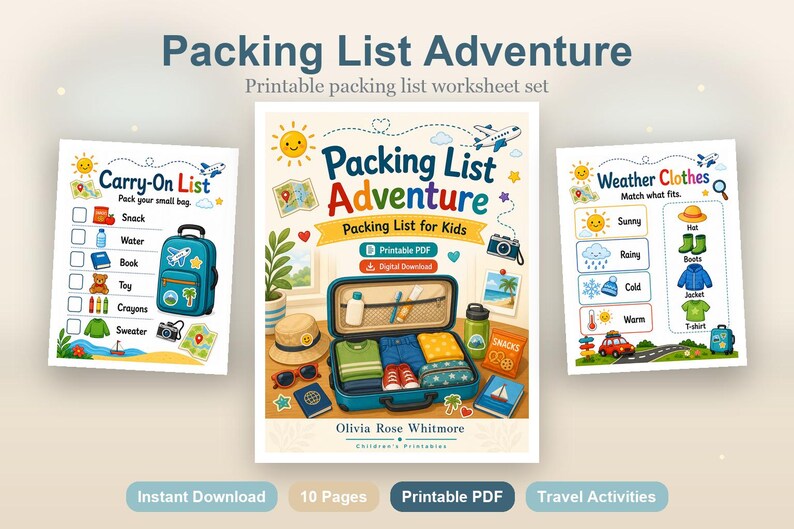 Lista de Itens para Viagem | Lista de Itens para Crianças | PDF para Imprimir | Download Digital imagem 2