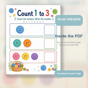 Button Zählen Korb | Zählen Arbeitsblätter | Druckbare PDF | Digitaler Download Bild 9