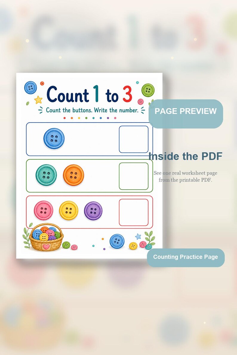 Button Zählen Korb | Zählen Arbeitsblätter | Druckbare PDF | Digitaler Download Bild 9