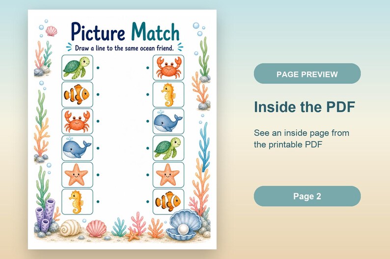 サンゴ礁の絵合わせ | 海洋生物のマッチングアクティビティ | 印刷可能なPDF | デジタルダウンロード 画像 10