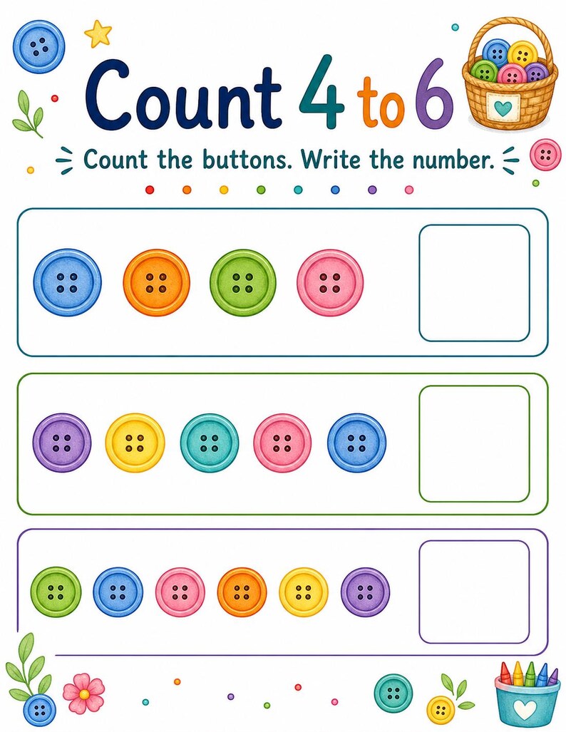 Button Zählen Korb | Zählen Arbeitsblätter | Druckbare PDF | Digitaler Download Bild 4