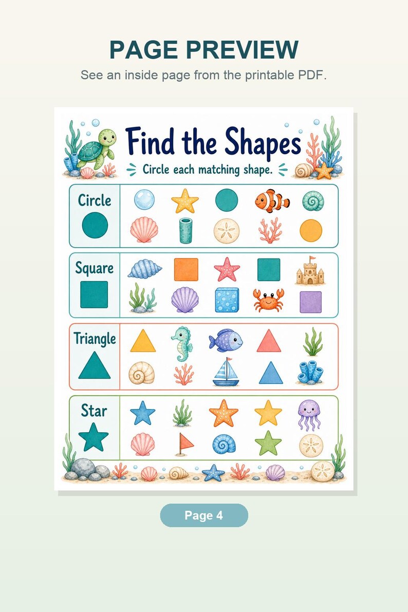 Caça às Estrelas-do-Mar | Folhas de Atividades com Formas | PDF para Imprimir | Download Digital imagem 8