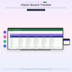May include: A digital vision board tracker displayed on a laptop screen and a smartphone. The spreadsheet shows monthly milestones with columns for vision goals, actions, and reflections. The text at the top reads "Vision Board Tracker."
