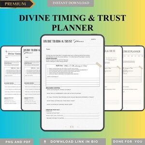 Może przedstawiać: Cyfrowy planer zatytułowany "Divine Timing & Trust Planner" z białym tłem i czarnym tekstem. Planer zawiera sekcje do refleksji, uwalniania kontroli i wcielania zaufania. Obraz zawiera również tekst "PNG i PDF" oraz "Link do pobrania w bio."