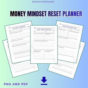 May include: A digital Money Mindset Reset Planner with multiple pages featuring sections titled Past Money Experiences, Money Mindset Awareness, and Rewrite Your Money Story. The document includes lines for writing and star icons.