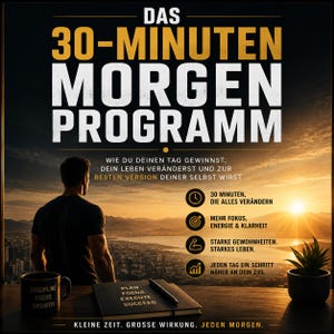 May include: A book cover titled DAS 30-MINUTEN MORGEN PROGRAMM featuring a silhouette of a person looking at a sunrise over a city. The cover includes text about daily habits, a black mug with the words DISCIPLINE FOCUS GROWTH, and a notebook.