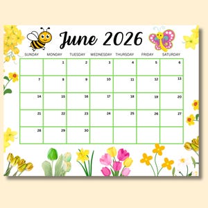 Puede incluir: Un colorido calendario de junio de 2026 con una ilustración de abeja y mariposa. La cuadrícula del calendario es verde, con ilustraciones florales y botánicas en el borde. El texto "June 2026" está escrito en una fuente lúdica.