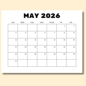 Peut inclure: Calendrier simple pour le mois de mai 2026. Il est imprimé sur papier blanc avec une grille de lignes noires et les jours de la semaine en haut. Le mois et l'année sont en gras, en noir.