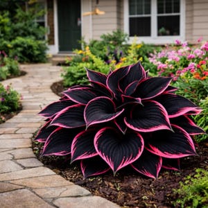 Semillas de Hosta: Hojas oscuras con llamativos bordes rosados, ideales para jardines de sombra.