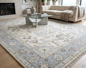 Light Blue Oushak Rug 8x10 Hand Knotted Wool Rug, Turkish Vintage Area Rug, Handmade Living Room Rug, Luxury Floral Oushak Carpet Decor