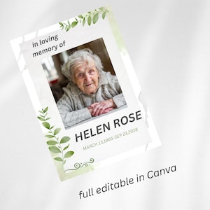 Peut inclure: Un modèle de carte commémorative avec une photographie d'une personne âgée aux cheveux blancs. Le texte indique in loving memory of HELEN ROSE MARCH 13, 1965-SEP 23, 2028. Le design inclut des feuilles d'eucalyptus aquarelle et le texte full editable in Canva.