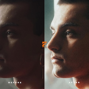 May include: A side-by-side comparison of a person's profile, with the text "BEFORE" on the left and "AFTER" on the right. The person has short dark hair and is wearing a gold earring. The image is a before and after photo editing example.