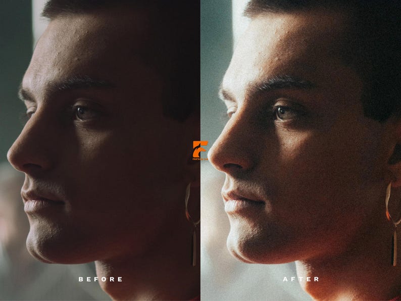 May include: A side-by-side comparison of a person's profile, with the text "BEFORE" on the left and "AFTER" on the right. The person has short dark hair and is wearing a gold earring. The image is a before and after photo editing example.