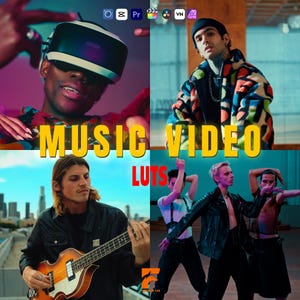 May include: A collage featuring four scenes with the text "MUSIC VIDEO LUTS". The scenes include a person wearing a VR headset, a person in a colorful jacket, a person playing a guitar, and a group of dancers.
