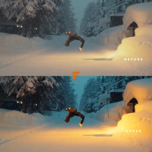 May include: A split image shows a person mid-air in a snowy landscape. The top half is labeled "BEFORE" and the bottom half "AFTER". The person is wearing a brown jacket and white shoes. The scene is illuminated by a warm light.