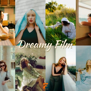 May include: A collage of eight images with a warm, vintage aesthetic. The images feature people in various settings, including a kitchen, outdoors with a sheep, and near a window. The text "Dreamy Film" is overlaid on the images.
