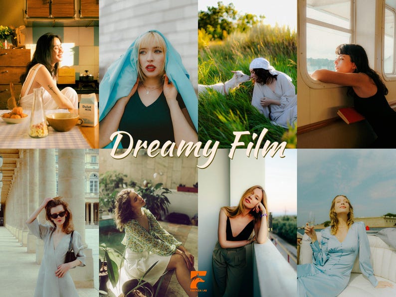 May include: A collage of eight images with a warm, vintage aesthetic. The images feature people in various settings, including a kitchen, outdoors with a sheep, and near a window. The text "Dreamy Film" is overlaid on the images.