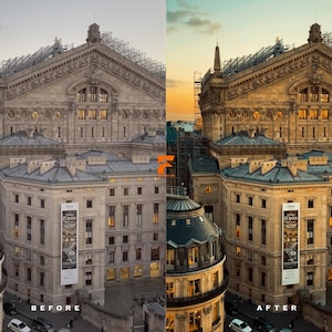 May include: A side-by-side comparison of a building before and after photo editing. The building is a large, ornate structure with multiple levels, windows, and a detailed facade. The sky transitions from a muted tone to a vibrant sunset.