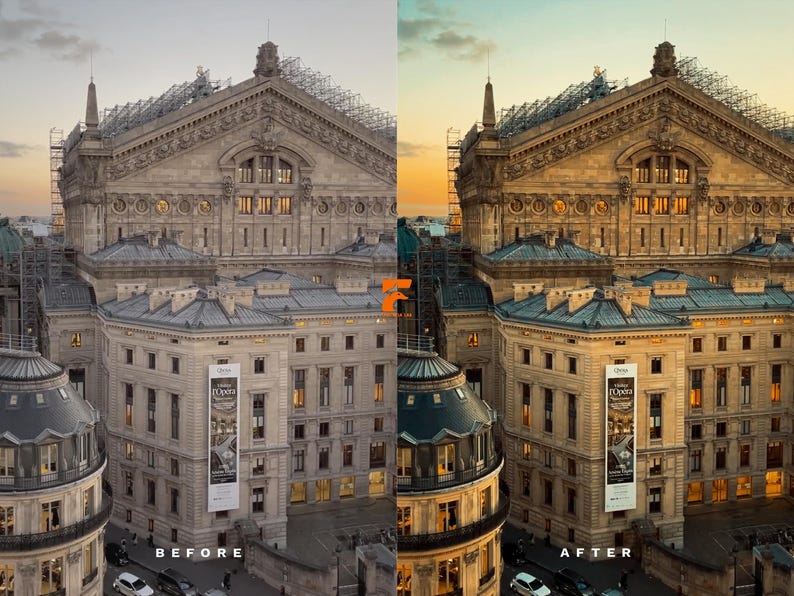 May include: A side-by-side comparison of a building before and after photo editing. The building is a large, ornate structure with multiple levels, windows, and a detailed facade. The sky transitions from a muted tone to a vibrant sunset.