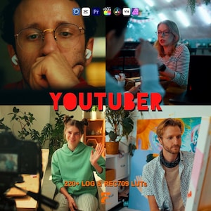 Puede incluir: Un collage con la palabra "YOUTUBER" en rojo. Las escenas muestran a personas usando software de edición de video, creando contenido y pintando. El texto "220+ LOG & REC709 LUTS" también es visible.