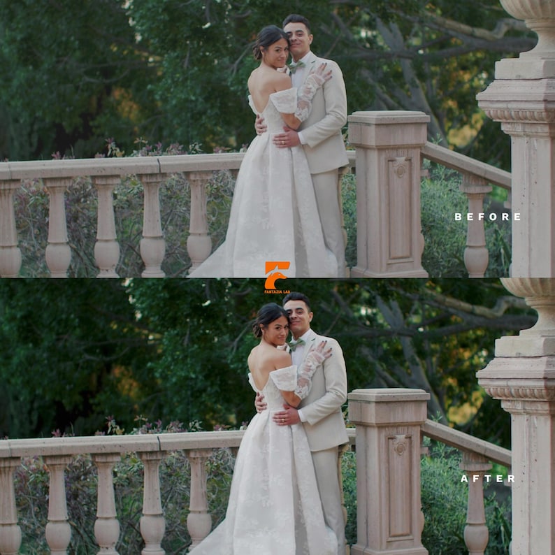Pode incluir: Um casal abra&ccedil;a-se numa varanda de pedra, a mulher com um vestido de noiva branco com os ombros descobertos e o homem com um fato claro. A imagem &eacute; dividida, com o texto "ANTES" e "DEPOIS", sugerindo uma compara&ccedil;&atilde;o de edi&ccedil;&atilde;o de fotos.
