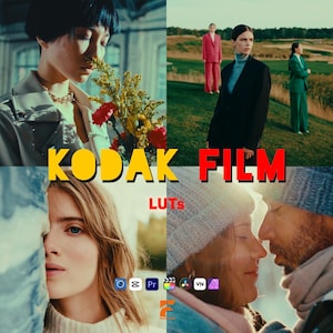 Peut inclure: Une publicité pour un produit numérique intitulée KODAK FILM LUTs présentant quatre scènes photographiques distinctes : une personne avec des fleurs, trois individus en tenue formelle, un gros plan et un couple portant des bonnets d'hiver.