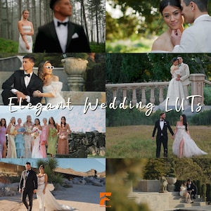 Pode incluir: Uma colagem de cenas de casamento com casais em trajes formais e damas de honra em vestidos pastel. O texto "Elegant Wedding LUTs" est&aacute; sobreposto na imagem. As cenas s&atilde;o ambientadas ao ar livre em v&aacute;rios locais.