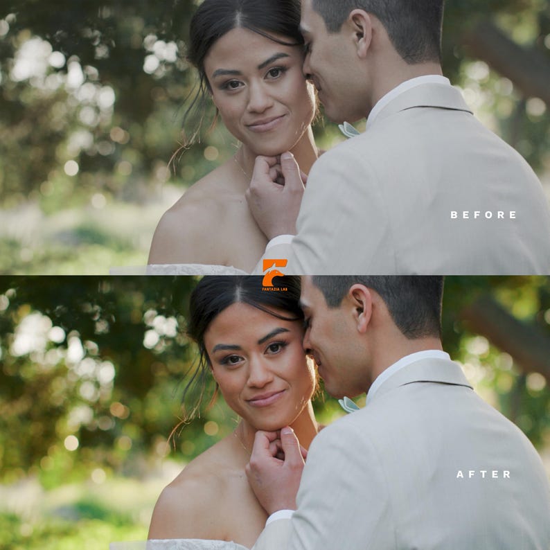 Pode incluir: Imagem dividida em duas, com um casal. O texto "BEFORE" est&aacute; acima da imagem superior e "AFTER" abaixo da imagem inferior. O casal est&aacute; ao ar livre, a mulher usa um vestido branco, o homem um terno claro.