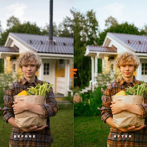 May include: A person with curly blonde hair wearing a brown and black plaid long-sleeve shirt, holding a brown paper grocery bag filled with fresh green celery and a yellow bell pepper in front of a yellow house with a brown roof.