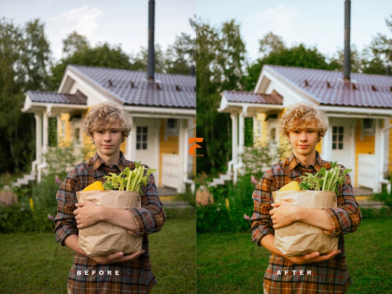 May include: A person with curly blonde hair wearing a brown and black plaid long-sleeve shirt, holding a brown paper grocery bag filled with fresh green celery and a yellow bell pepper in front of a yellow house with a brown roof.