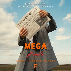 Puede incluir: Una persona con un traje gris sostiene un periódico con el titular "THE DAILY DEFLECT" y el texto "MEGA Bundle" en naranja. La imagen también incluye el texto "1,000+ PRESETS BUNDLE" y "Lightroom Presets MOBILE & DESKTOP".