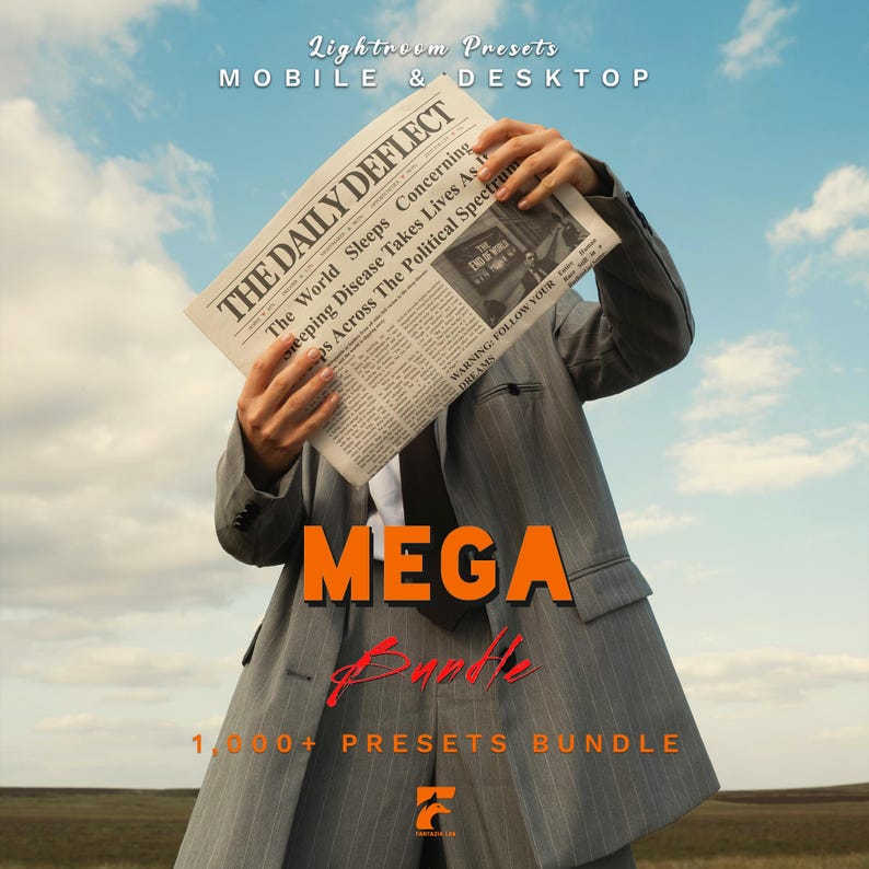 May include: A person in a gray suit holds a newspaper with the headline "THE DAILY DEFLECT" and the text "MEGA Bundle" in orange. The image also includes the text "1,000+ PRESETS BUNDLE" and "Lightroom Presets MOBILE & DESKTOP".
