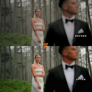 Pode incluir: Uma noiva com um vestido de noiva branco sem al&ccedil;as e v&eacute;u est&aacute; em uma floresta. Um homem de smoking preto com gravata borboleta est&aacute; desfocado ao fundo. O texto "BEFORE" e "AFTER" &eacute; vis&iacute;vel.