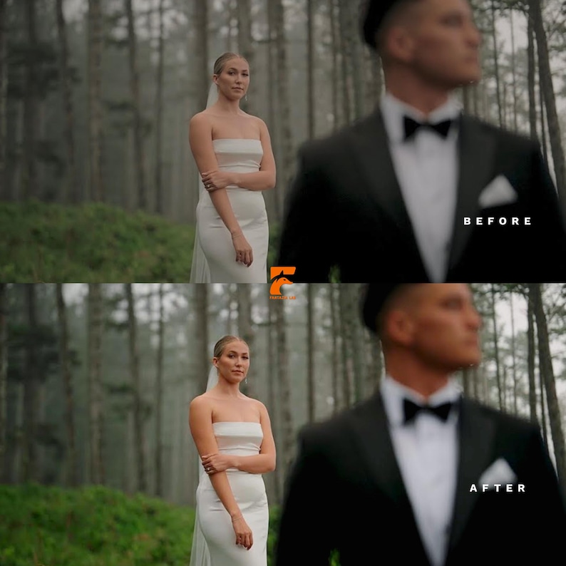 Pode incluir: Uma noiva com um vestido de noiva branco sem al&ccedil;as e v&eacute;u est&aacute; em uma floresta. Um homem de smoking preto com gravata borboleta est&aacute; desfocado ao fundo. O texto "BEFORE" e "AFTER" &eacute; vis&iacute;vel.
