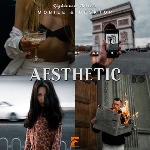 Può includere: Immagine a tema estetico con quattro scene distinte. In alto a sinistra, una persona tiene in mano un bicchiere di champagne. In alto a destra, una persona fotografa l'Arco di Trionfo. In basso a sinistra, una persona con una camicia floreale. In basso a destra, una persona con un giornale in fiamme. Testo: Lightroom Presets, Mobile & Desktop.
