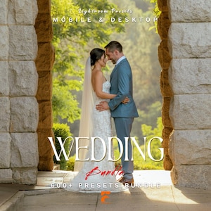 Könnte beinhalten: Eine digitale Sammlung von Lightroom-Presets für Mobilgeräte und Desktop mit einem Brautpaar zwischen Steinsäulen. Der Text lautet Lightroom Presets MOBILE & DESKTOP, WEDDING Bundle, 600+ PRESETS BUNDLE und enthält ein kleines orangefarbenes Logo.