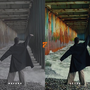 May include: A person in a black coat and light-colored pants stands with arms outstretched near a rocky shore. The scene is under a concrete structure with water flowing around the person. The image has a before and after effect.