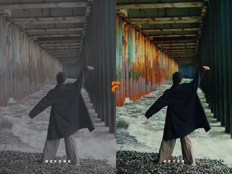 May include: A person in a black coat and light-colored pants stands with arms outstretched near a rocky shore. The scene is under a concrete structure with water flowing around the person. The image has a before and after effect.