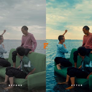 May include: A before and after image shows three people sitting on a green couch in the water. The before image has a muted color palette, while the after image has enhanced colors. The people are wearing casual clothing.