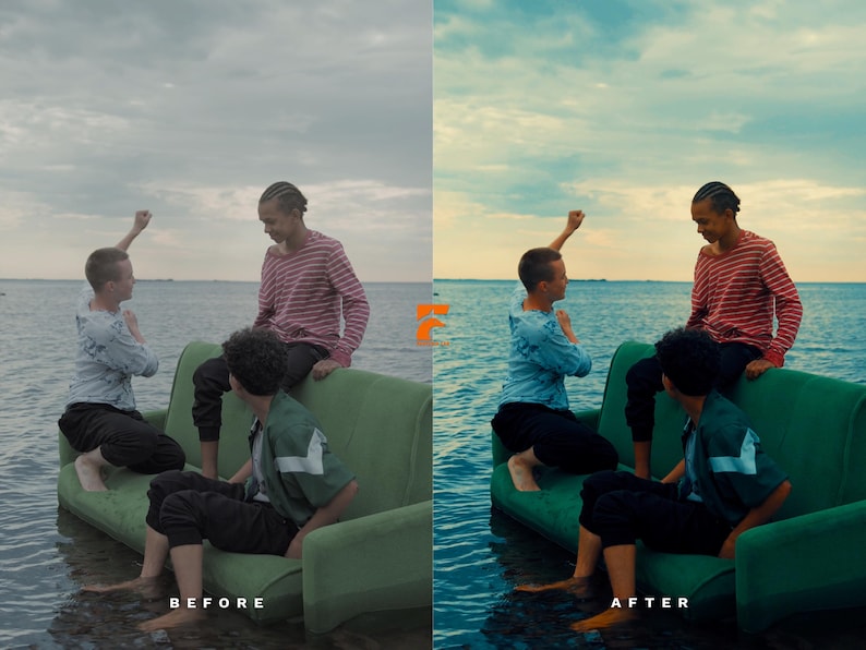 May include: A before and after image shows three people sitting on a green couch in the water. The before image has a muted color palette, while the after image has enhanced colors. The people are wearing casual clothing.