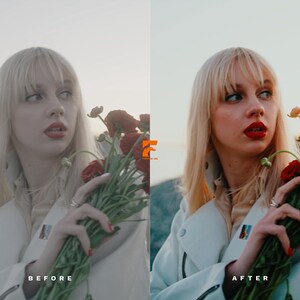 May include: A woman with blonde hair and red lipstick holds a bouquet of red flowers. She wears a white jacket. The image has a before and after comparison, with the text "BEFORE" and "AFTER" at the bottom.